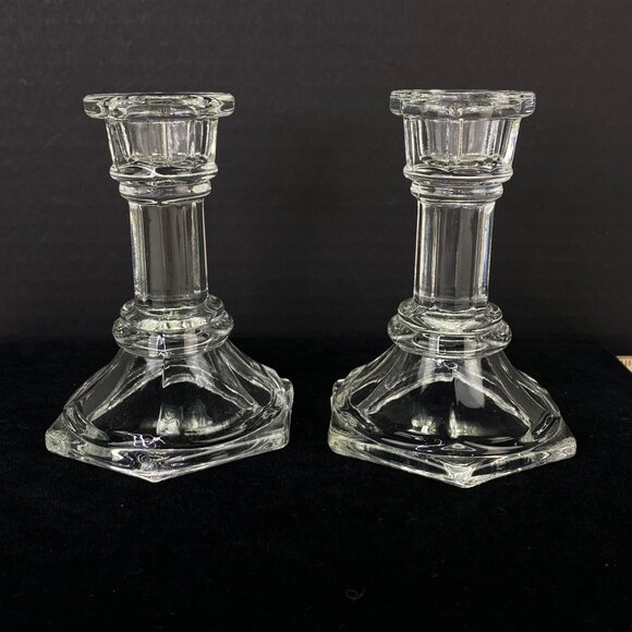 FTDA Clear Glass Taper Candlesticks 4 Inch Set Of 2 Hexagonal Base - Picture 1 of 8